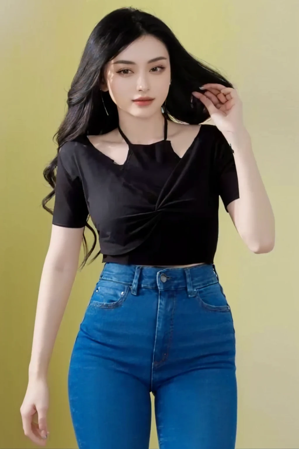 arafed woman in a black top and blue jeans posing for a picture, with ripped crop t - shirt, open v chest clothes, photo of slim girl model, skinny waist and thick hips, black top, 2 4  old female model, thin-waist, wearing a sexy cropped top, wearing a dark shirt and jeans, with a thin waist