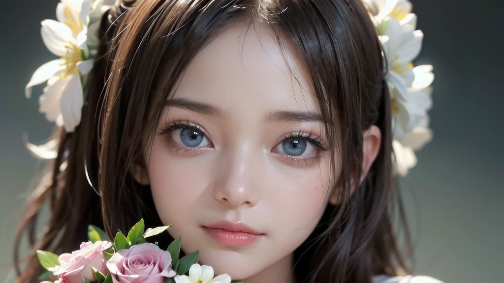 A woman hands over a bouquet, Say thank you.. She is looking at me with her beautiful and lovely eyes.Schneider pastel ink details, Soft and exquisite, fluffy, (非常に素晴らしくbeautiful), (Perfect detail)、(pastel colour),Soft texture:1.2.(Massopis, Highest quality), (beautiful, meticulously detailed eyes), (Detailed eyes and face),The tones are also visibly illuminated.Blurred, faint features