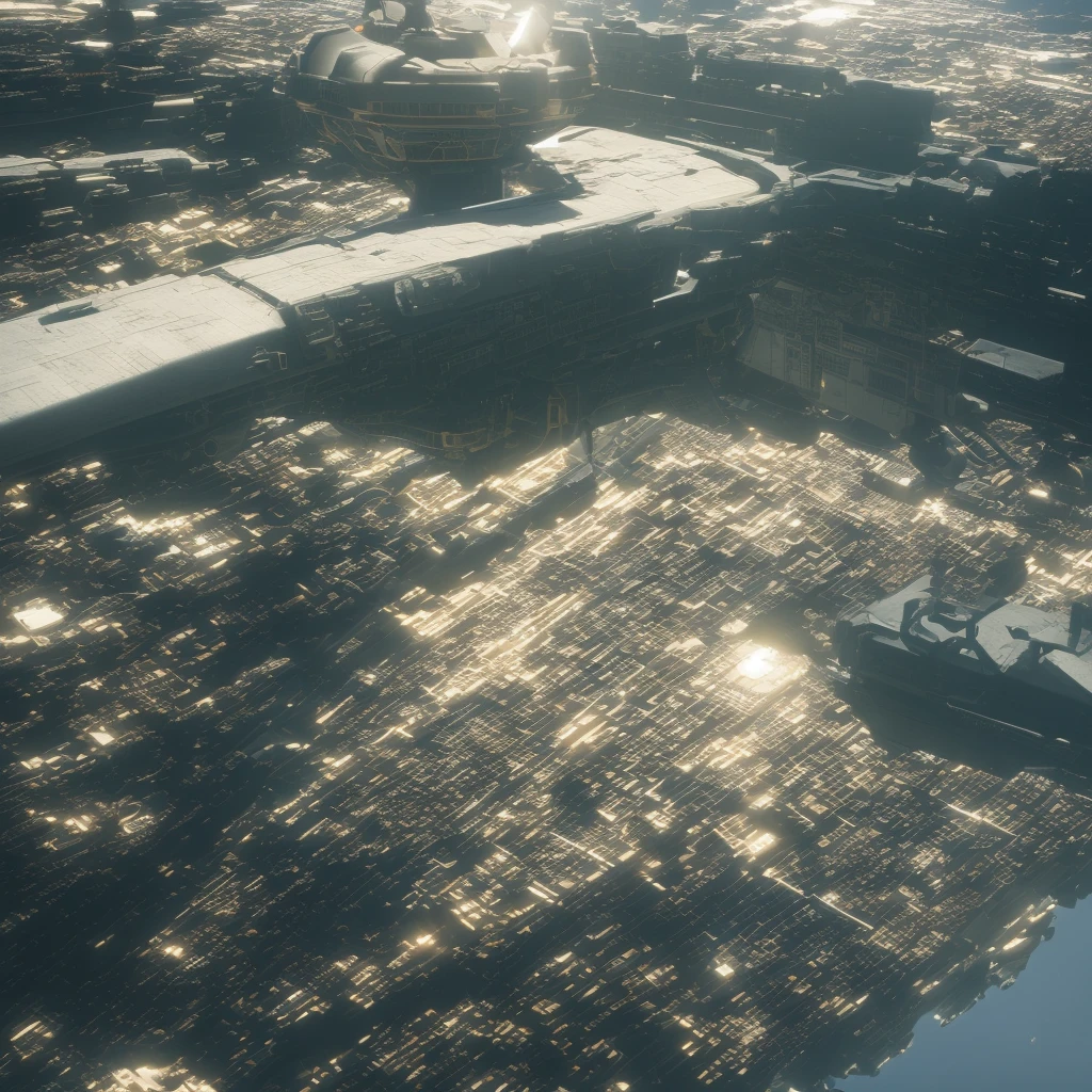 (high quality,Masterpiece,Octane Rendering,Ray Tracing,Extremely detailed,3d,8k:1.2) ,Future City,Surreal,Battleship flying over the sky
