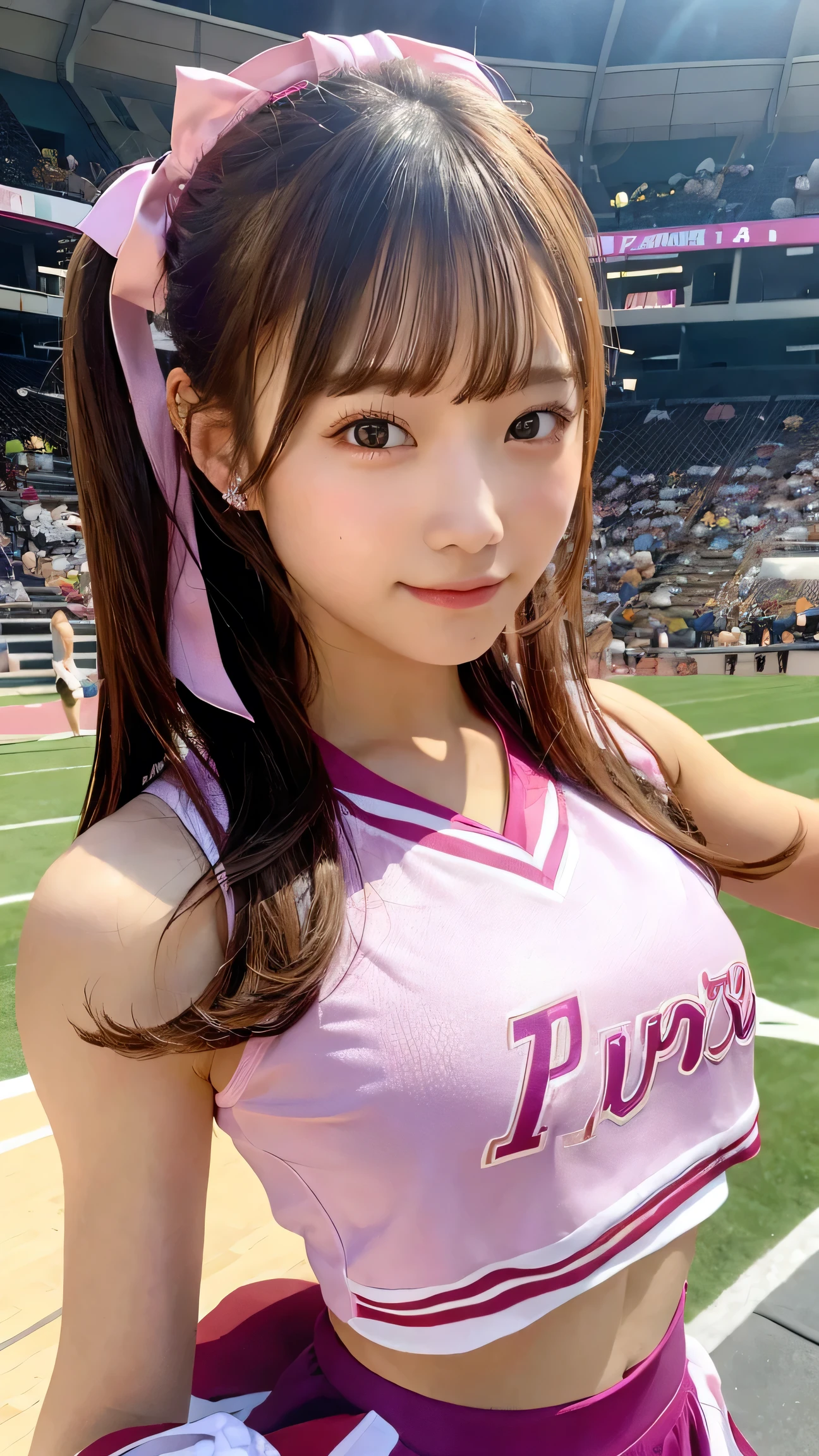 best quality, masterpiece, 1girl, cheerleader, pink uniform, cheering, upper body