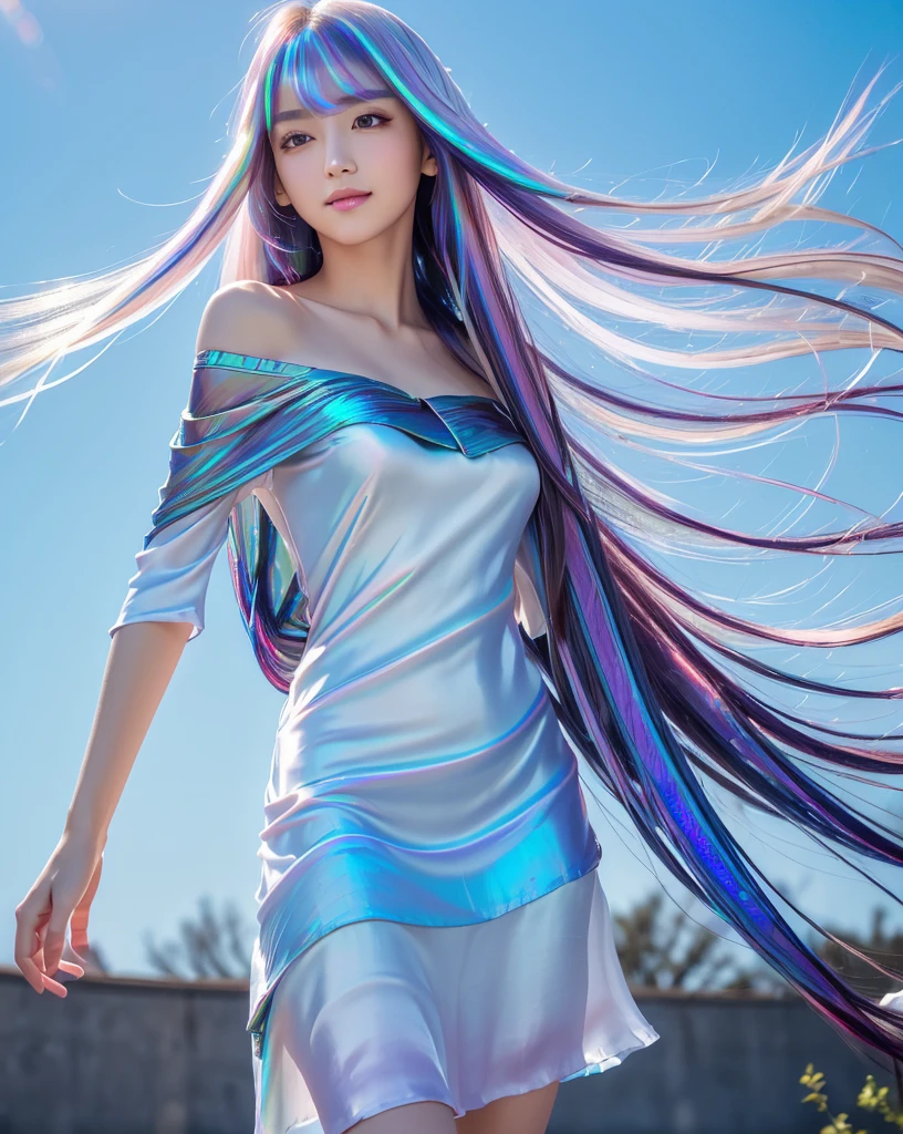 (Highest quality, 32k, High resolution, Masterpiece:1.5), marimo_jet, god々A photograph with brilliant dazzling and healing power., Evoking a sense of calm and elusive beauty, Expressing emotions, Have a rich imagination,Beautiful Japanese Girls, An exceptionally beautiful face, ((Low - Angle:1.4)), Small Face Beauty, Perfect Human Anatomy, Magical big eyes, Motherhood and generosity, Deep Love, fleeting smile, ((Iridescent gradient hair:1.4)), ((Super Long Straight Silk Hair:1.3)), Asymmetrical bangs, Hair between the eyes, Transparent, soft white skin, Sharp eyebrows, Thin lashes, Natural Makeup, Cheek highlighter, Pale pink detailed lips, ((Blue Off Shoulder Dress:1.3)), High resolutionの完璧な鎖骨, High resolutionの美しい胸元, Slim figure with ample breasts, High resolutionの美しい太もも, ((Detailed blue sky background:1.2)), Professional Lighting, Professional photographer, Professional models, god秘的