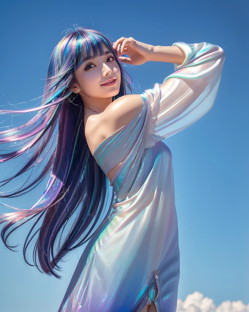 (Highest quality, 32k, High resolution, Masterpiece:1.5), marimo_jet, god々A photograph with brilliant dazzling and healing power., Evoking a sense of calm and elusive beauty, Expressing emotions, Have a rich imagination,Beautiful Japanese Girls, An exceptionally beautiful face, ((Low - Angle:1.4)), Small Face Beauty, Perfect Human Anatomy, Magical big eyes, Motherhood and generosity, Deep Love, fleeting smile, ((Iridescent gradient hair:1.4)), ((Super Long Straight Silk Hair:1.3)), Asymmetrical bangs, Hair between the eyes, Transparent, soft white skin, Sharp eyebrows, Thin lashes, Natural Makeup, Cheek highlighter, Pale pink detailed lips, ((Blue Off Shoulder Dress:1.3)), High resolutionの完璧な鎖骨, High resolutionの美しい胸元, Slim figure with ample breasts, High resolutionの美しい太もも, ((Detailed blue sky background:1.2)), Professional Lighting, Professional photographer, Professional models, god秘的