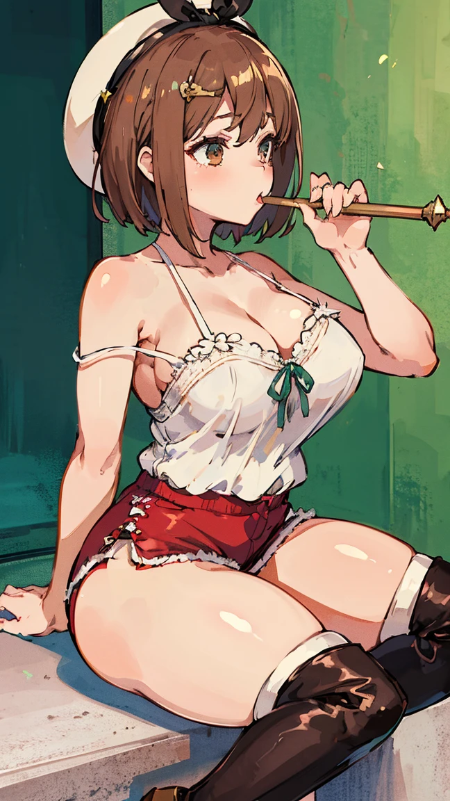 milf holding broom, (cleavage: 1.5), open legs