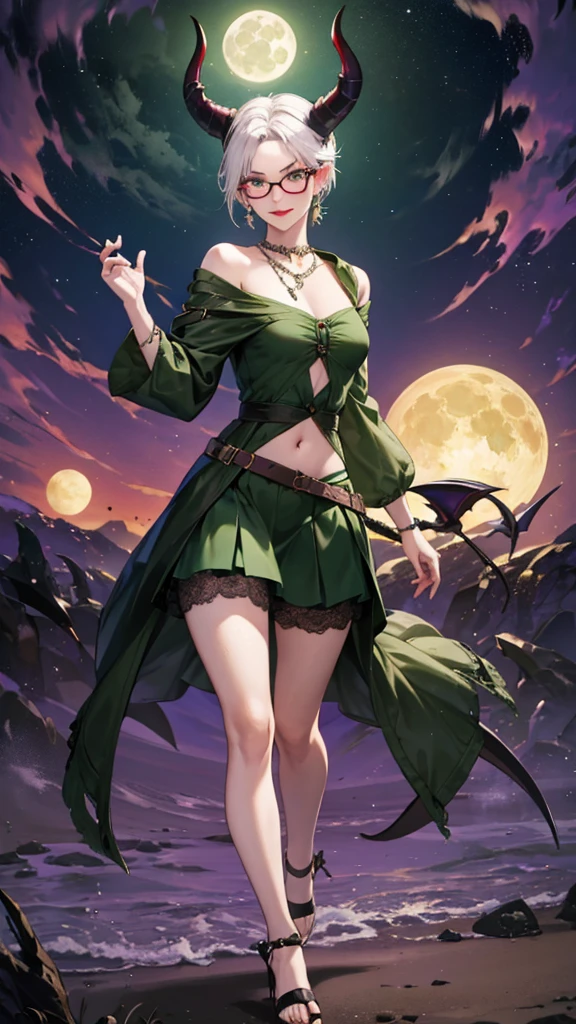 8k, masterpiece, best quality, highly detailed, 1 girl, tiefling, warlock, multicolored hair, very short straight hair green highlight hair on white hair, strippled hair, wearing glasses, round glasses, earrings, navel piercing, miniskirt, red eyeshadow, long eyelashes, blushed cheek, red lips, necklace, rings, collarbone, mole, glamorous, olive green clothing, smirk, fullbody view, rings, looking at viewer, demon horns, solo, nightmarish landscape, blue pale moon, standing, cosmic horror, decaying.