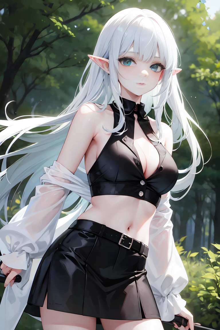 A beautiful elf with green eyes and platinum hair in a dark forest, She has white hair, completely white hair, (a sad, sad expression on her face), Black color clothing, clothing fabric is cotton, black cotton clothing, she is standing behind leaves and branches, she has a gentle face and sensual body, she wears a short blouse showing her belly, b, short blouse with unbuttoned buttons, unbuttoned blouse, round and perky medium breasts, black mini skirt, she is a beautiful and very sensual elf girl. Always blur the background Peel girl blurring background at f1.2, solo1, 2D, Japanese anime style, bright and vivid eyes, vivid colors, without defects or flaws, 8k, wallpaper, style: anime choni