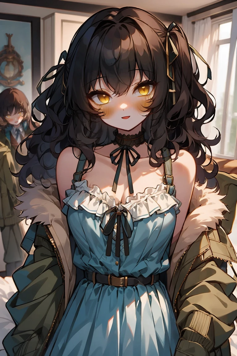 (masterpiece:1.2), (high quality:1.2), solo focus, girls with(((medium wavy hair, hair ribbon, one side up:1.54), black hair, bare shoulders, medium breasts, breasts, choker, cleavage, collar, collarbone, cowboy shot, dress, see-through sleeves, neck ribbon, blue clothes, frills shirt, fur, fur collar, fur trim, hooded jacket, hoodie, khaki jacket, green jacket, jacket, large breasts, long sleeves, belt, suspenders, open clothes, open hoodie, solo, winter clothes, zipper, upper body, hand up, waving, palm)), background with ((bedroom, room:2.0))