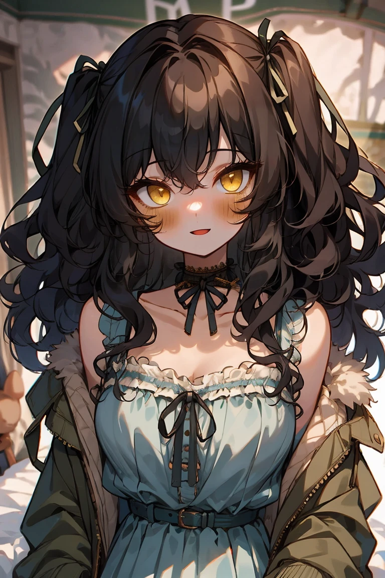 (masterpiece:1.2), (high quality:1.2), solo focus, girls with(((medium wavy hair, hair ribbon, one side up:1.54), black hair, bare shoulders, medium breasts, breasts, choker, cleavage, collar, collarbone, cowboy shot, dress, see-through sleeves, neck ribbon, blue clothes, frills shirt, fur, fur collar, fur trim, hooded jacket, hoodie, khaki jacket, green jacket, jacket, large breasts, long sleeves, belt, suspenders, open clothes, open hoodie, solo, winter clothes, zipper, upper body, hand up, waving, palm)), background with ((bedroom, room:2.0))