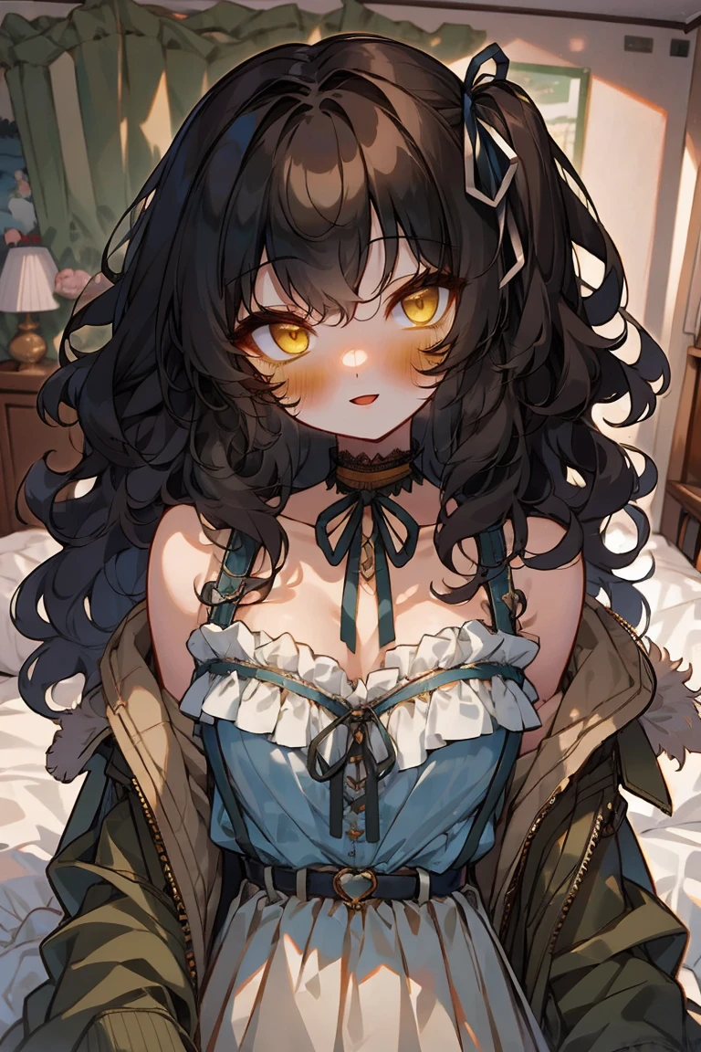 (masterpiece:1.2), (high quality:1.2), solo focus, girls with(((medium wavy hair, hair ribbon, one side up:1.54), black hair, bare shoulders, medium breasts, breasts, choker, cleavage, collar, collarbone, cowboy shot, dress, see-through sleeves, neck ribbon, blue clothes, frills shirt, fur, fur collar, fur trim, hooded jacket, hoodie, khaki jacket, green jacket, jacket, large breasts, long sleeves, belt, suspenders, open clothes, open hoodie, solo, winter clothes, zipper, upper body, hand up, waving, palm)), background with ((bedroom, room:2.0))