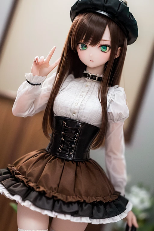 (SFW:2), photorealistic, realistic photo, 8k, ((highest quality)), ((masterpiece)), (extremely detailed), kukolnydom, doll, (mature woman, 21yo, 21 years old, solo:1.6), ((cowboy shot, dynamic pose, slim, slender, skinny, medium breasts, bowler hat, frilled shirt, puffy sleeves, corset, tiered pannier skirt, thigh-high socks)), (green eyes, brown hair, long hair, plastic skin, looking at another, glass eyes, gradient eyes, shining eyes, detailed eyes:1.3)