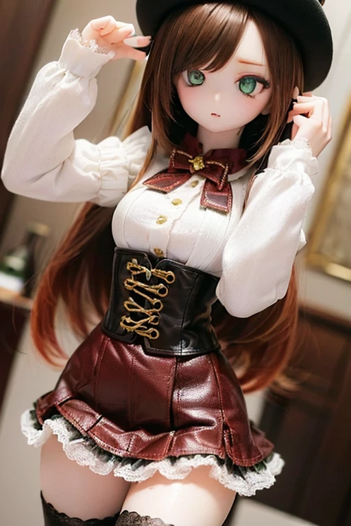 (SFW:2), photorealistic, realistic photo, 8k, ((highest quality)), ((masterpiece)), (extremely detailed), kukolnydom, doll, (mature woman, 21yo, 21 years old, solo:1.6), ((cowboy shot, dynamic pose, slim, slender, skinny, medium breasts, bowler hat, frilled shirt, puffy sleeves, corset, tiered pannier skirt, thigh-high socks)), (green eyes, brown hair, long hair, plastic skin, looking at another, glass eyes, gradient eyes, shining eyes, detailed eyes:1.3)
