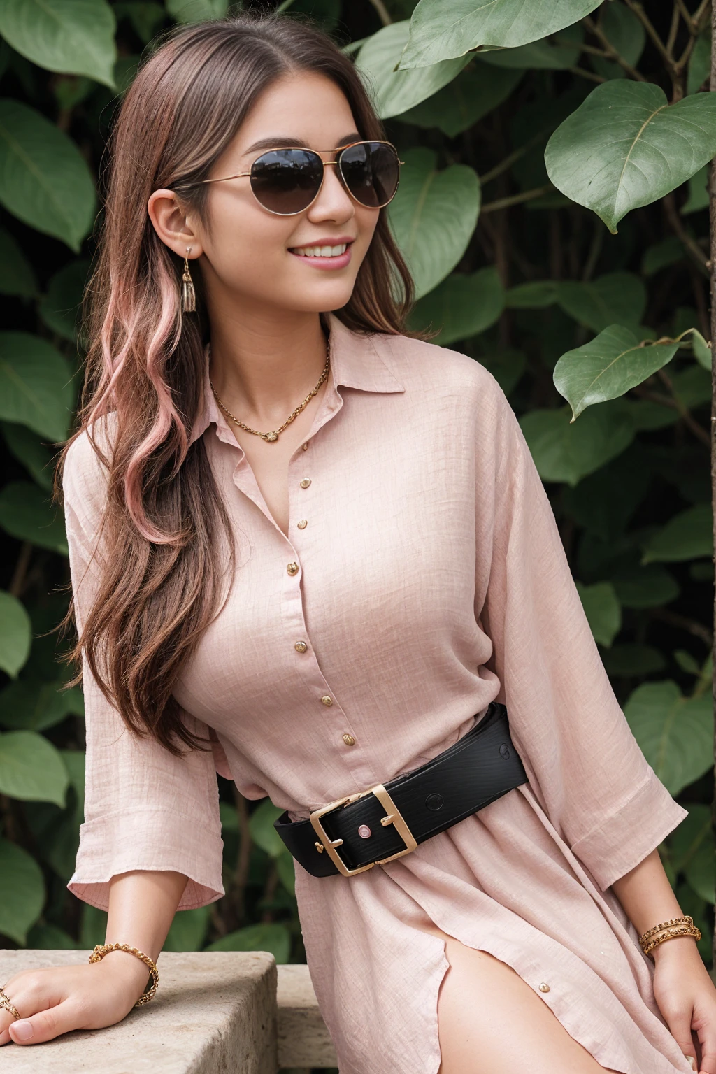 Half-length glamour portrait, nikon D850, f1.6 lens, 200mm, DSLR, 22 Megapixels, (((Exotic botanical garden scene))), shot of a stunning 19 years old korean girl, (smile:1.4), (wearing Powder pink Linen shirt dress with buckle belt and oversized sunglasses:1.6), ((seductive pose)), hot girl, (((big natural breasts))), (((black fringe hair))), ( girl), symmetrical face, photorealistic, photography, (bright natural lighting), gorgeous, deep cleavage, (masterpiece), best quality, high resolution, extremely detailed, cinematic lighting, (((very narrow waist))), rich colors, hyper realistic, lifelike texture, ((jewelry)), (((She has beautiful hands and wears rings))), (bracelet), (necklace), (ankle chain), (nail polish) (earrings), Fuji Superia 200, 8k
