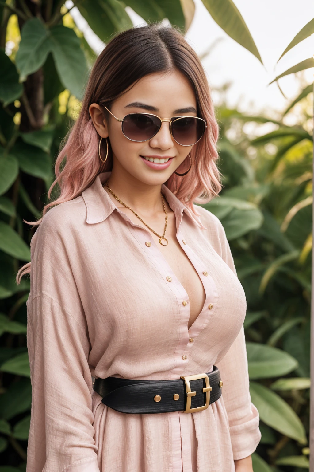 Half-length glamour portrait, nikon D850, f1.6 lens, 200mm, DSLR, 22 Megapixels, (((Exotic botanical garden scene))), shot of a stunning 19 years old korean girl, (smile:1.4), (wearing Powder pink Linen shirt dress with buckle belt and oversized sunglasses:1.6), ((seductive pose)), hot girl, (((big natural breasts))), (((black fringe hair))), (small girl), symmetrical face, photorealistic, photography, (bright natural lighting), gorgeous, deep cleavage, (masterpiece), best quality, high resolution, extremely detailed, cinematic lighting, (((very narrow waist))), rich colors, hyper realistic, lifelike texture, ((jewelry)), (((She has beautiful hands and wears rings))), (bracelet), (necklace), (ankle chain), (nail polish) (earrings), Fuji Superia 200, 8k