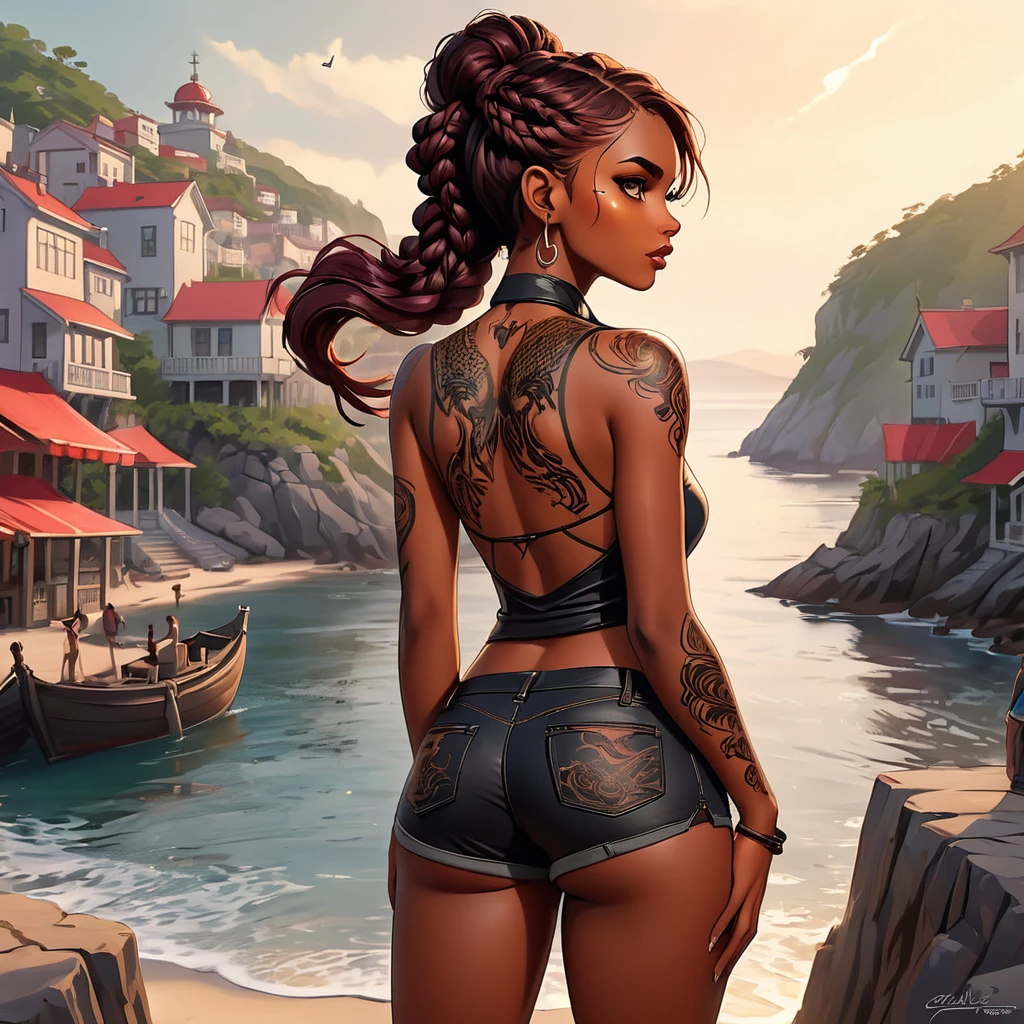 Connie Maheswaran, age 25, ( extremely detailed CG, Mahogany-skinned female with dark reddish-brown skin, eyes black, and phoenix tattoo on the back, wearing a full body mesh open back, mini shorts with stars on the back pockets and a bareback holding up black dragon braided hair. stark , well built, Perfect hourglass physique, amazing skin, stark oblong-shaped face, narrow nose and convex hook. stark, toned, wide heart hips,, biting her lips seductively, catching your attention, beckoning you closer to her). +( overlooking a coastal town with your hands in your pockets,looking over his shoulder ,playful stroke on the bottom) :+(view from behind, hd illustration, Extreme long shot, unreal non-engine rendering 5, hyperrealisti, , 128 mil, Ultra - HD, intricate-detail, Super-Res, webcomic animation, ink art, full - length portrait, wide body shot, seductive aura and look , ink art,black ink,tattoo design sketch, arte linear, Art Brush ,thin line animation, ultra-HD first work, highest quallity, highly detailed facial expressions,realistic expression, Perfect Piece, perfect alert ,Full length, best qualityer, Intricately precise facial and physical structure, intricately realistic expression and emotion, precise colored complexion, accurate body anatomy, complex body painting, Complex hairstyles, Intricate character details, intrinsically expressive, intricate color design, complex emotions,) 