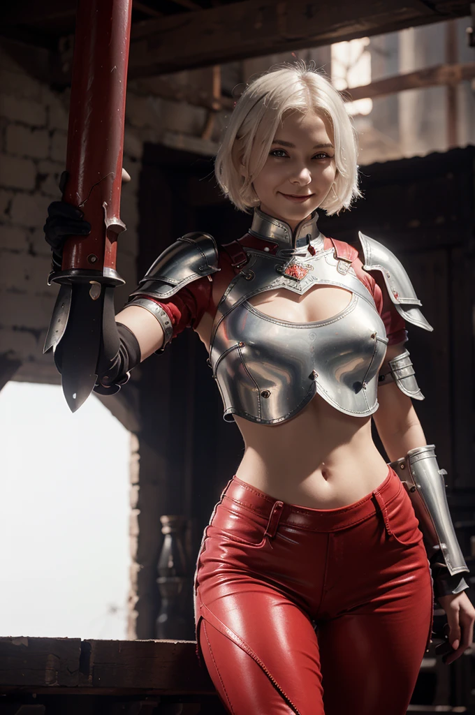 Russian goddess short white hair, tomboy cut, round face, thin nose, paper-clear skin, red leather pants, wearing a red blood armor chestpiece, red armor gloves, holding a butcher knife in one hand, eyes black as coal, macabre smile