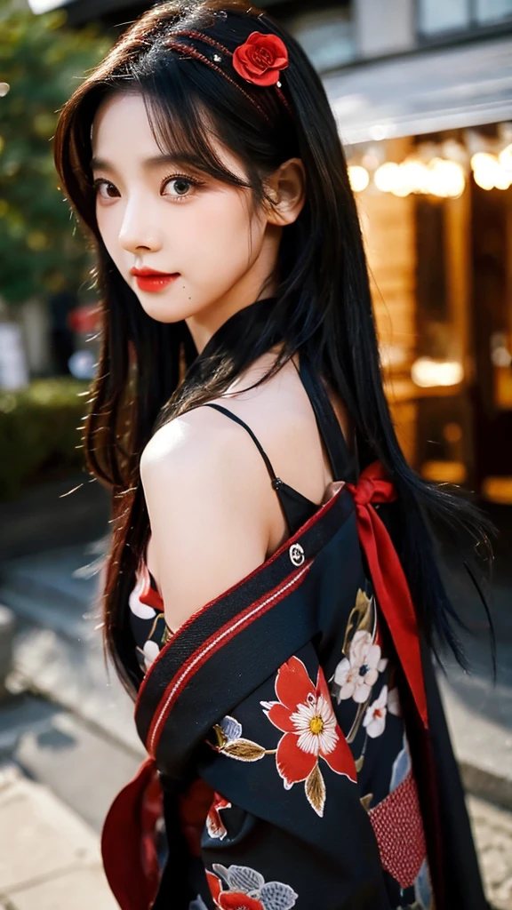 Black hair Red eyes　sexy kimono　Black　Fang hairpin,long hair