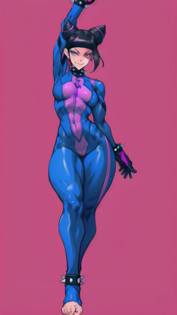 Full body image of Juri Han from Street Fighter 5, wearing her original outfit (black and purple bodysuit with spiked accents, barefoot with taped feet, and arm guards), short black hair styled in twin buns, female body, athletic and flexible body, dynamic pose, detailed pose, simple background, expressive face showing a mischievous grin, focus on face, line art, sketch