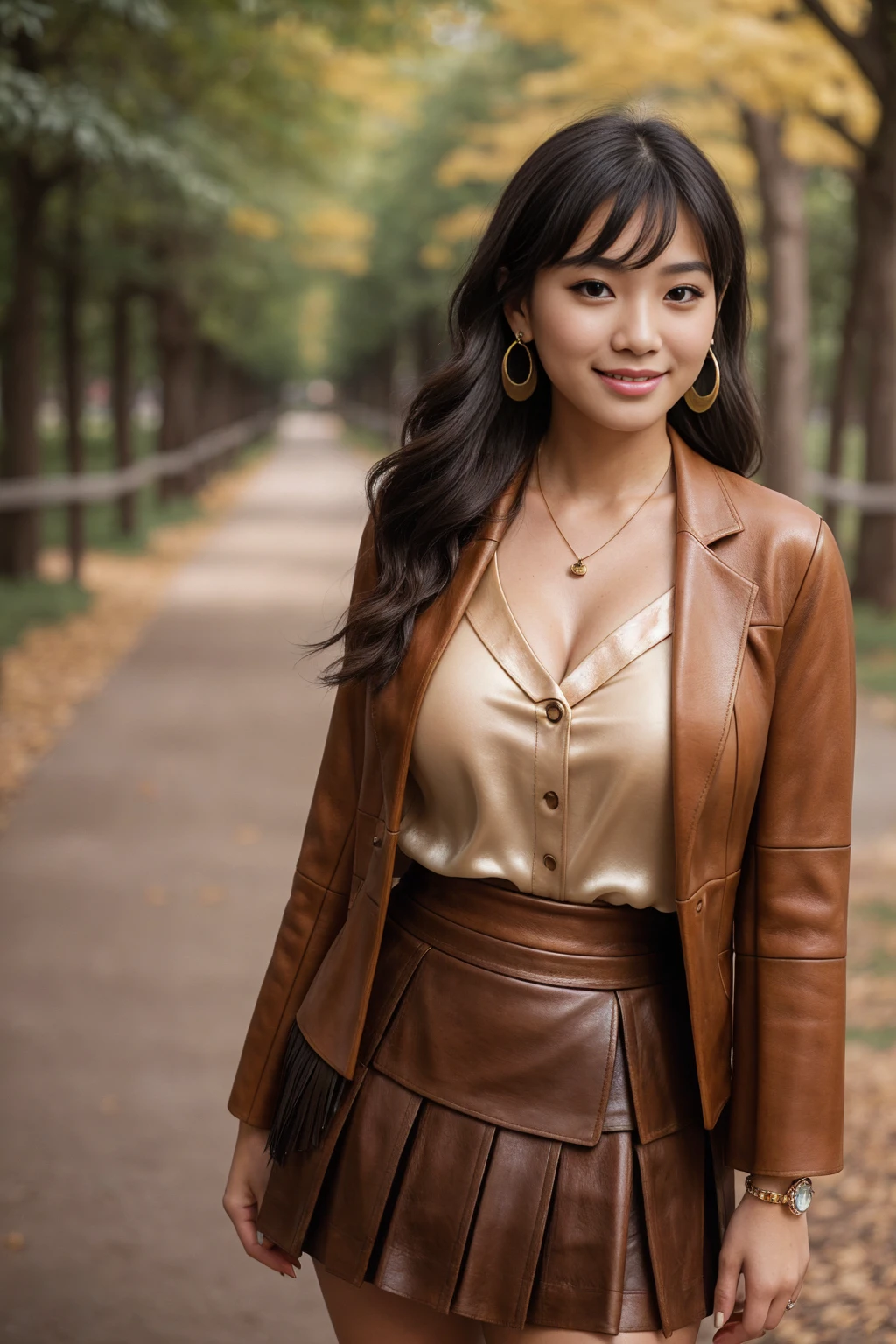 Half-length glamour portrait, nikon D850, f1.6 lens, 200mm, DSLR, 22 Megapixels, (((Tree-lined pathway in an urban park scene))), shot of a stunning 19 years old korean girl, (smile:1.4), (wearing light brown leather skirt with cream silk blouse and matching blazer:1.6), ((seductive pose)), hot girl, (((big natural breasts))), (((black fringe hair))), (small girl), symmetrical face, photorealistic, photography, (bright natural lighting), gorgeous, deep cleavage, (masterpiece), best quality, high resolution, extremely detailed, cinematic lighting, (((very narrow waist))), rich colors, hyper realistic, lifelike texture, ((jewelry)), (((She has beautiful hands and wears rings))), (bracelet), (necklace), (ankle chain), (nail polish) (earrings), Fuji Superia 200, 8k