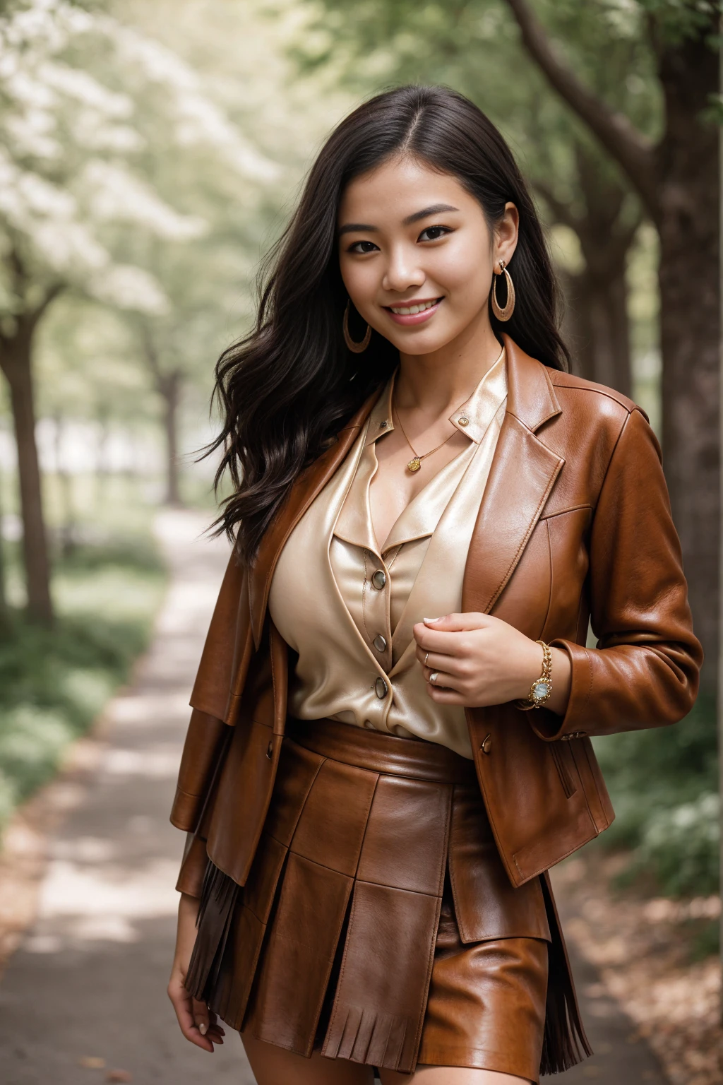 Half-length glamour portrait, nikon D850, f1.6 lens, 200mm, DSLR, 22 Megapixels, (((Tree-lined pathway in an urban park scene))), shot of a stunning 19 years old korean girl, (smile:1.4), (wearing light brown leather skirt with cream silk blouse and matching blazer:1.6), ((seductive pose)), hot girl, (((big natural breasts))), (((black fringe hair))), (small girl), symmetrical face, photorealistic, photography, (bright natural lighting), gorgeous, deep cleavage, (masterpiece), best quality, high resolution, extremely detailed, cinematic lighting, (((very narrow waist))), rich colors, hyper realistic, lifelike texture, ((jewelry)), (((She has beautiful hands and wears rings))), (bracelet), (necklace), (ankle chain), (nail polish) (earrings), Fuji Superia 200, 8k