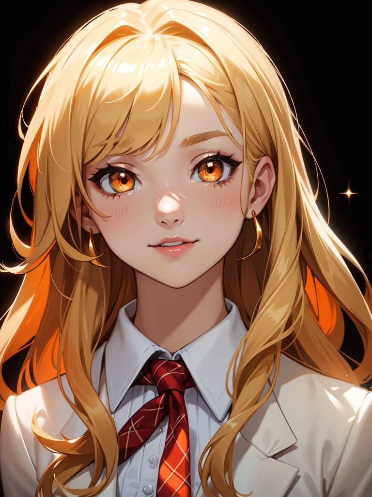 (((Portrait Photo))), She has a Pretty and Cute 18-Year-Old Appearance, with a Small, Slender Build, and a Curby Figure. She has Short, Wavy Golden Blonde Hair that Frames Her Face, with Strands Falling Around Her Face. Her Striking Orange Eyes Sparkle with Innocence and Mischief, Giving Off a Cheerful and Charming Attitude. She Wears a Traditional Consisting of an White Blouse, a Plaid Skirt, and a White Blazer. (((High Quality, Dark Background))), (((Portrait Photo)))