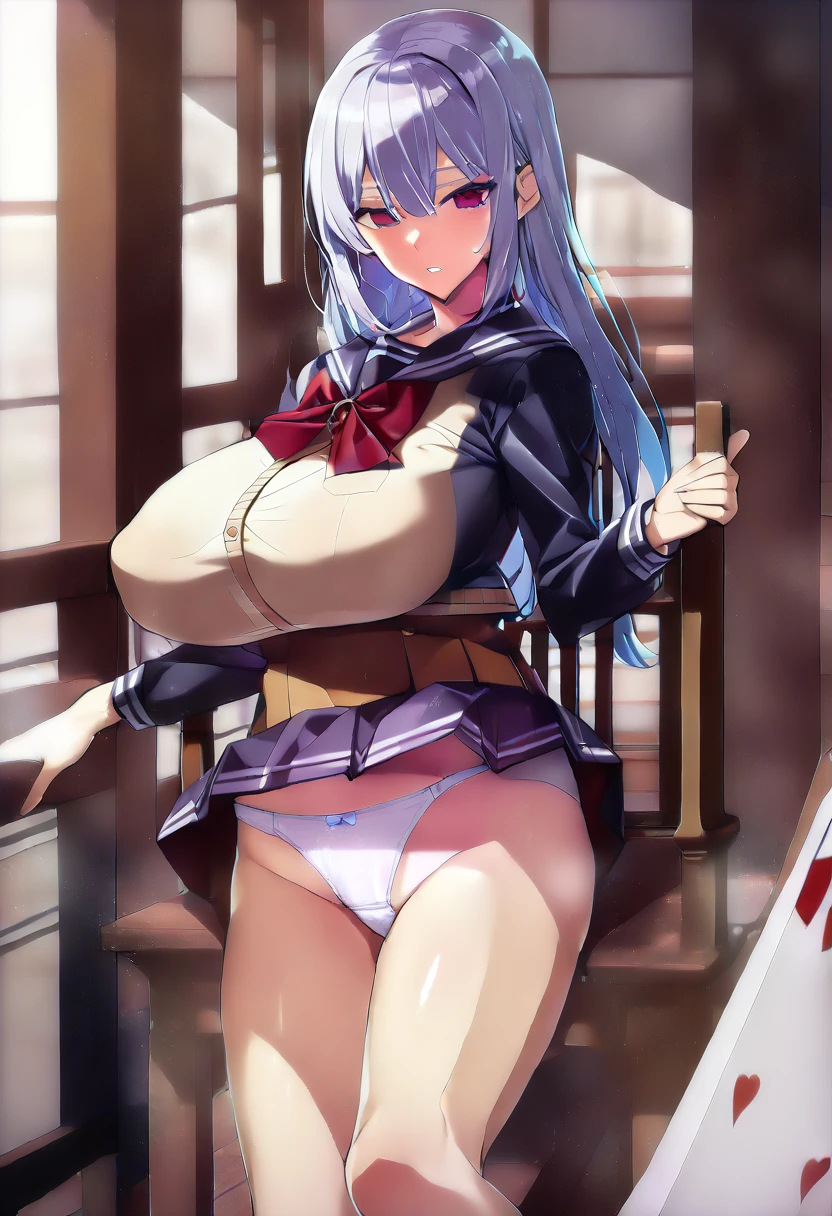 ((())),(((nsfw))),(huge breasts:1.5)、(Highly exposed Japanese high school girl uniform:1.8)、no bra ,(super mini skirt:1.8)、(white panties:1.8)、beautiful woman with perfect style:1.4、、、I can see my knees clearly:1.35、、Long sleeved Japan sailor suit、(sit on a chair and open your legs;1.8)、(skirt lift:1.22)、((wearing black socks and loafers;1.33))、(pigtails:1.4)、inside the classroom、,masterpiece, best quality,, purple eyes,h,(Transparent erotic underwear:1.4),(It is clearly visible through the underwear, Areola and vaginal lips:1.3),