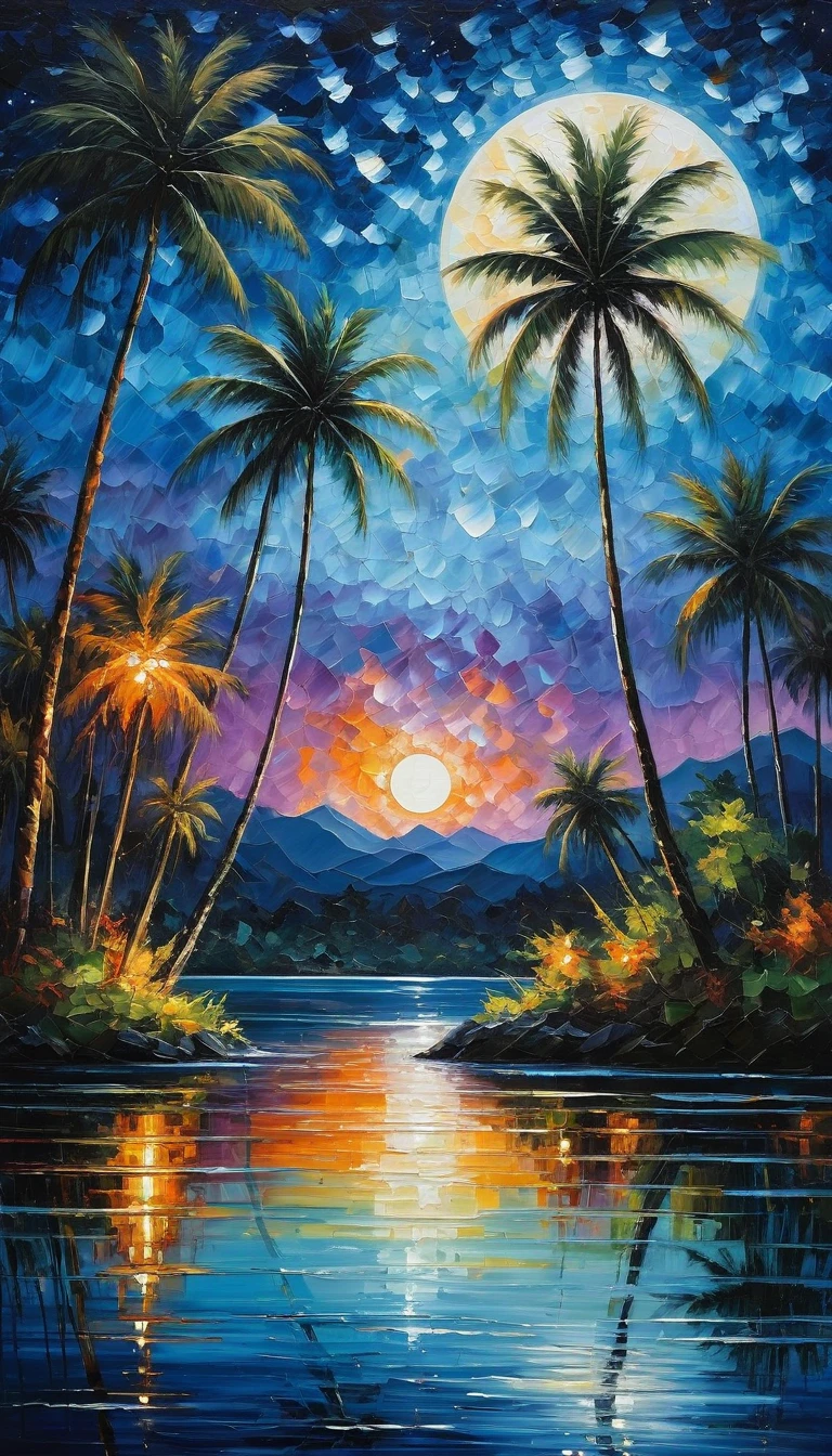 A breathtaking landscape painting that captures the essence of a celestial dance. The scene features towering palm trees silhouetted dark night starry Sky,full moon. The palm trees are elegantly mirrored in the rippling waters below, creating a sense of balance and harmony. The interplay of light and shadow creates a tranquil symphony, with nature's timeless embrace unfolding in an abstract, serene harmony.