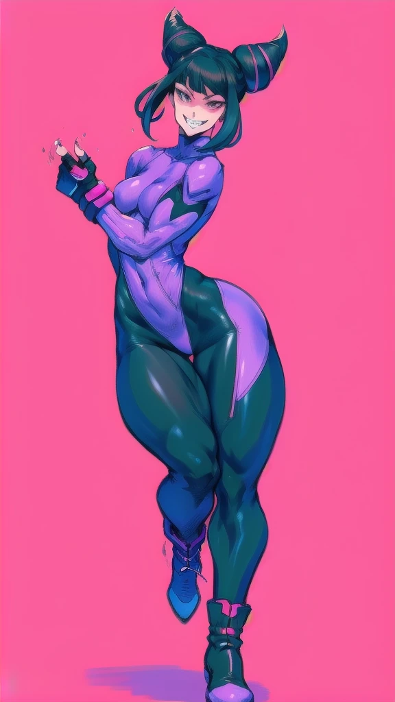 Full body image of Juri Han from Street Fighter 6, wearing her original outfit (purple and black bodysuit with pink accents, high boots, and fingerless gloves), short black hair styled in twin buns, female body, athletic and flexible body, dynamic pose, detailed pose, simple background, expressive face showing a mischievous grin, focus on face, line art, sketch.