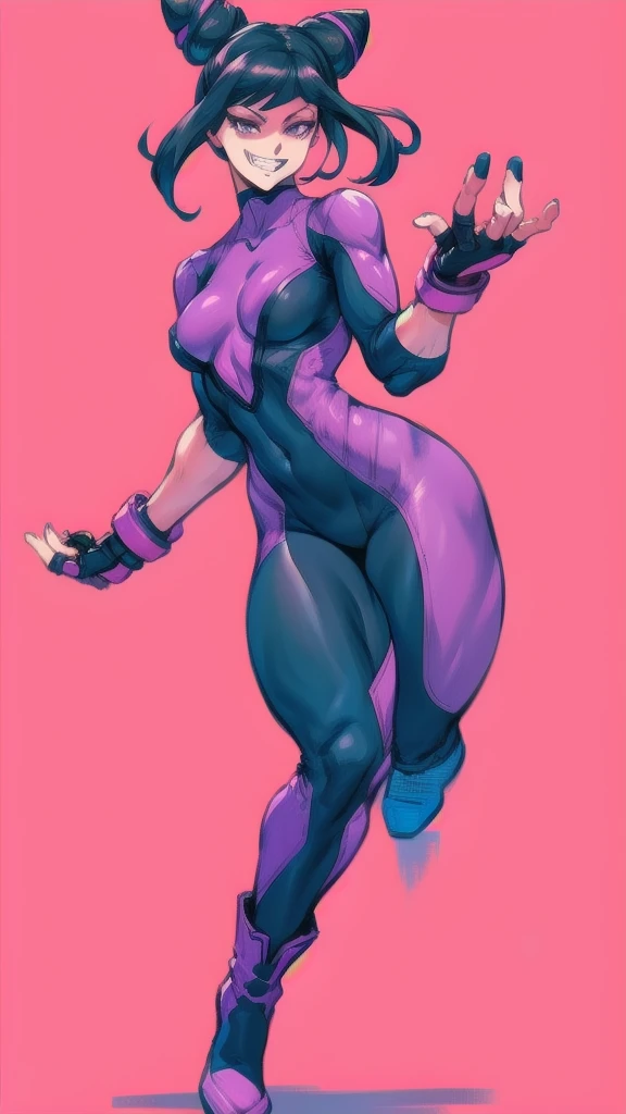 Full body image of Juri Han from Street Fighter 6, wearing her original outfit (purple and black bodysuit with pink accents, high boots, and fingerless gloves), short black hair styled in twin buns, female body, athletic and flexible body, dynamic pose, detailed pose, simple background, expressive face showing a mischievous grin, focus on face, line art, sketch.
