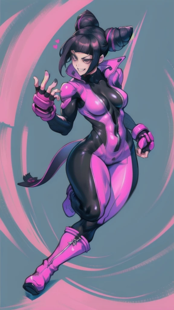 Full body image of Juri Han from Street Fighter 6, wearing her original outfit (purple and black bodysuit with pink accents, high boots, and fingerless gloves), short black hair styled in twin buns, female body, athletic and flexible body, dynamic pose, detailed pose, simple background, expressive face showing a mischievous grin, focus on face, line art, sketch.
