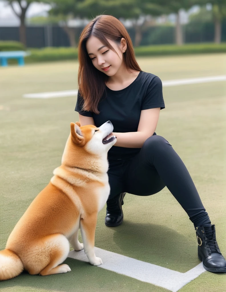 Attractive girl playing with a young Shiba Inu,ziprealism