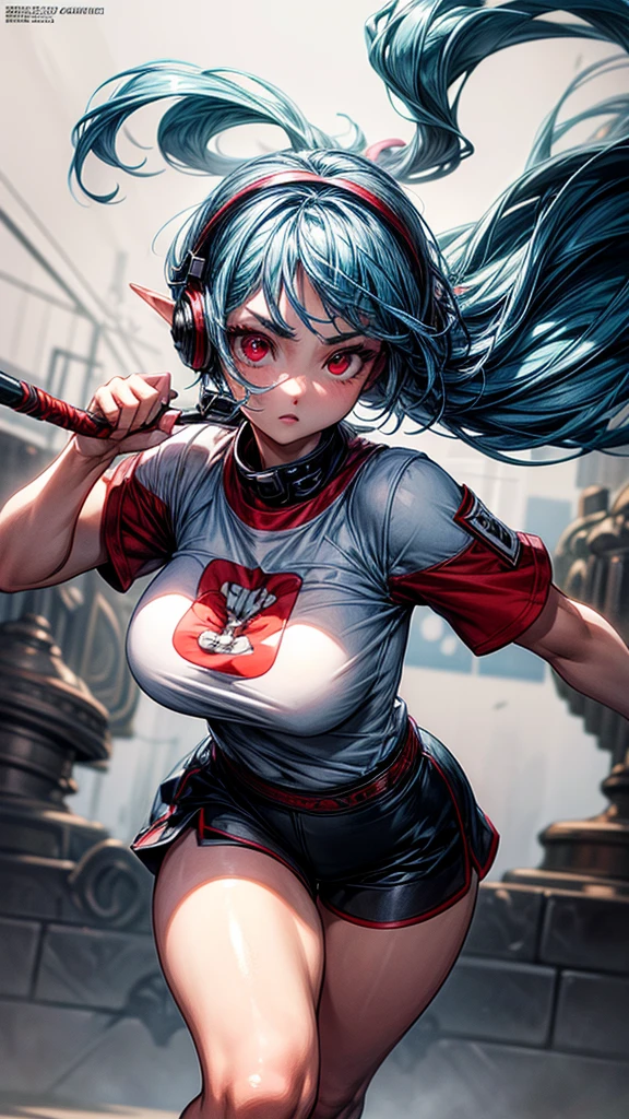 elf, red cheeks, detailed details (face, red eyes, eyebrows, eyelashes) , fighting pause, official art, masterpiece, highest quality, portrait photo of one girl, 14-year-old girl, wearing a fight girl(white transparent T-shirt, ) 8k, blue hair( short ), high resolution, ( butt:1.2)(headphones:1.2), (excellent rendering, stands out in its class), (great detail, good lighting, wide angle), breasts (0.5), plump thighs, absolute area, detailed background,