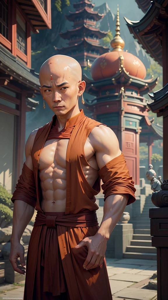 buddhist monk and in front of pagoda in animated scene, The Last Airbender, Fantasy Stills, install, avatar The Last Airbender, Edgar Maxence 和 Ross Tran, cartoon, avatar color static, fisting monk, 4k posts, 4k posts, monk, Ross Tran and Michael Whelan
