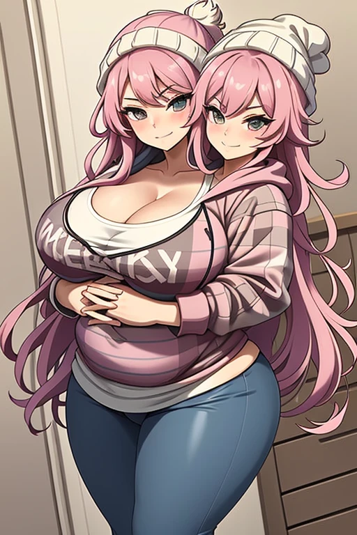 2heads, tall chubby woman with 2 heads. In a college dorm room. Short messy pink hair. Four breasts. Four arms. Wearing a beanie. Wearing a cozy plaid hoodie, cleavage. Wearing leggings. Eyeliner, baggy eyes. Mature, tall. Smirking, happy. 