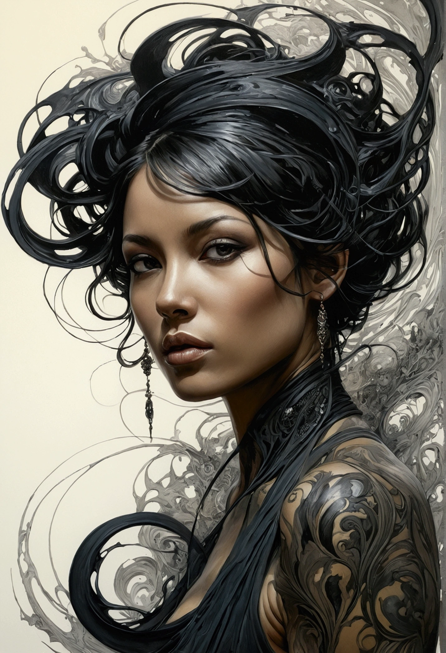 beautiful woman, Black ink flow, 8k resolution, photorealistic masterpiece by Aaron Horkey and Jeremy Mann, intricately detailed fluid gouache painting by Jean Baptiste, professional photography, natural lighting, volumetric lighting, maximalist, 8k resolution, concept art, intricately detailed, complex, elegant, expansive, fantastical, cover