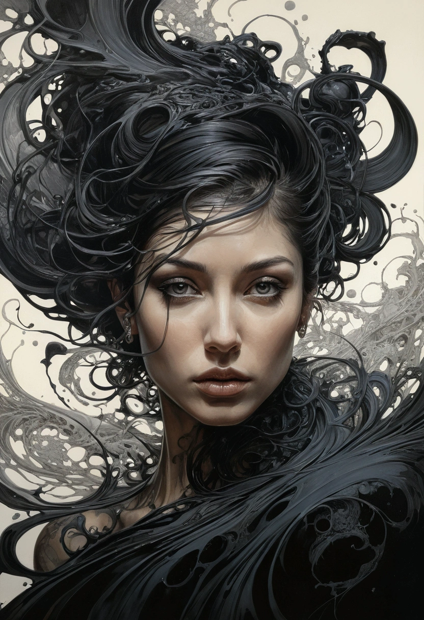 beautiful woman, Black ink flow, 8k resolution, photorealistic masterpiece by Aaron Horkey and Jeremy Mann, intricately detailed fluid gouache painting by Jean Baptiste, professional photography, natural lighting, volumetric lighting, maximalist, 8k resolution, concept art, intricately detailed, complex, elegant, expansive, fantastical, cover