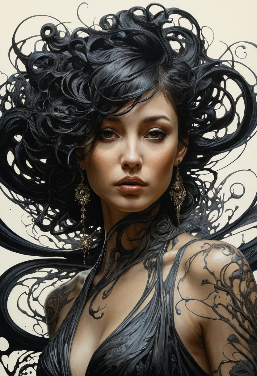 beautiful woman, Black ink flow, 8k resolution, photorealistic masterpiece by Aaron Horkey and Jeremy Mann, intricately detailed fluid gouache painting by Jean Baptiste, professional photography, natural lighting, volumetric lighting, maximalist, 8k resolution, concept art, intricately detailed, complex, elegant, expansive, fantastical, cover