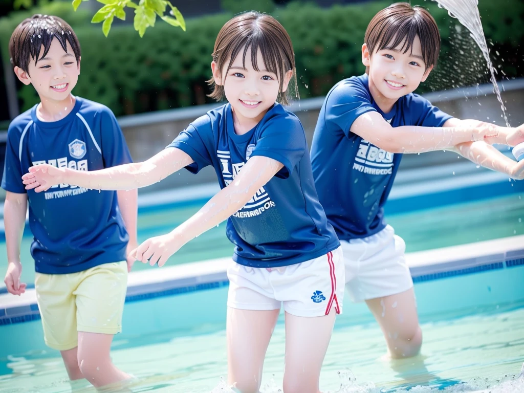 hot summer、、Summer swimming pool、、It is sunny、Pouring water on each other、Get wet all over、Japan Boy、Glowing water splashes、Pool lessons、Boy playing in water、The happy boys、Strong sunlight、Short sleeve gym uniform、Blue shorts、barefoot，Boys only 、１０age、high resolution、masterpiece