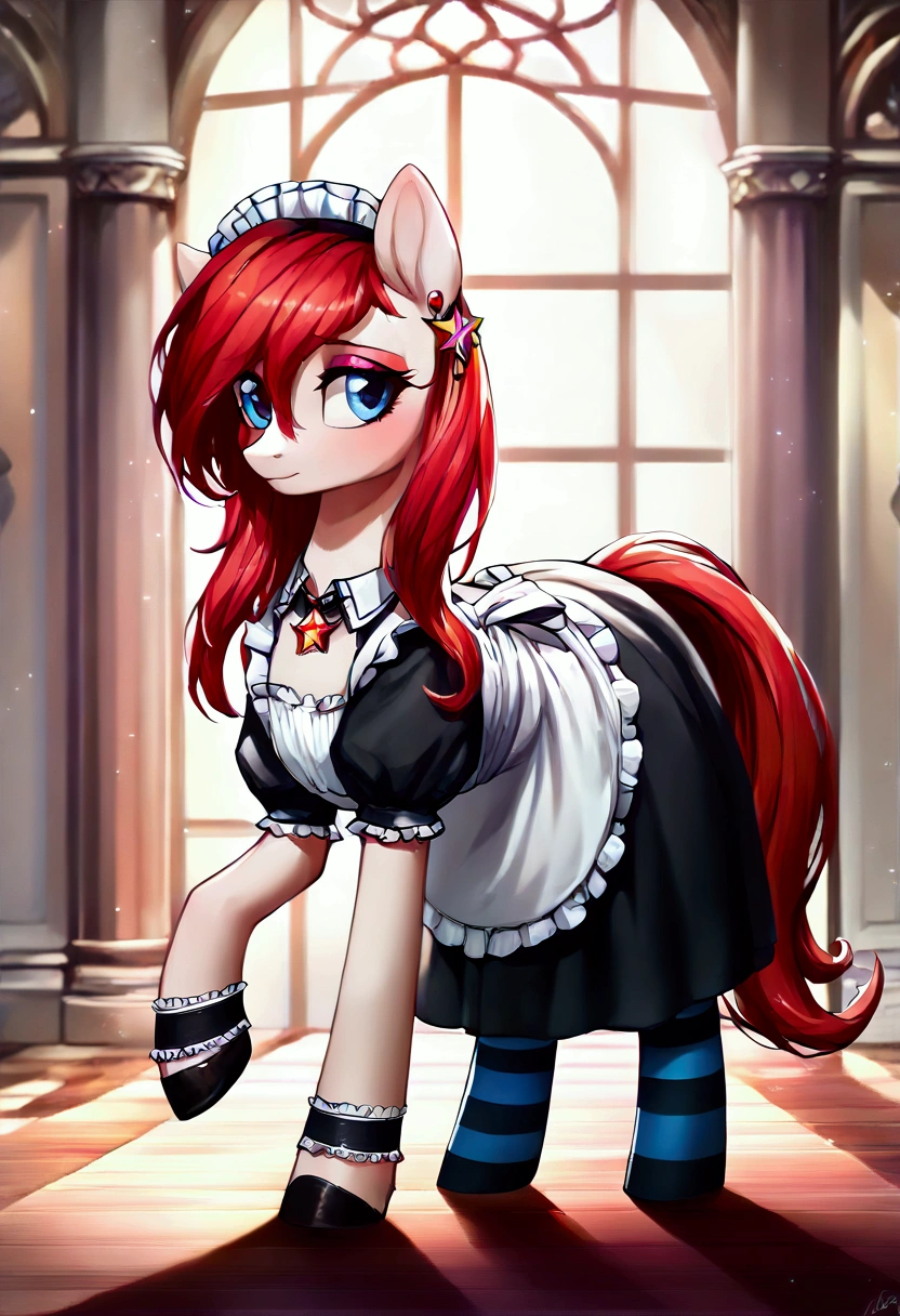 score_9,score_8_up,score_7_up,score_6_up, ((my little pony)), radiant lighting, vibrant colors, whimsical atmosphere, 8K, high resolution, highly detailed, masterpiece, (shy look), ((pony body)), white body, blue eyes, (maid costume), striped stockings, star pendant, earrings, eyeshadow, ((fuscia long hair:1.6)) overfilled hyper_breast_implant, huge keep_inflating_Extrem_like a blimp,