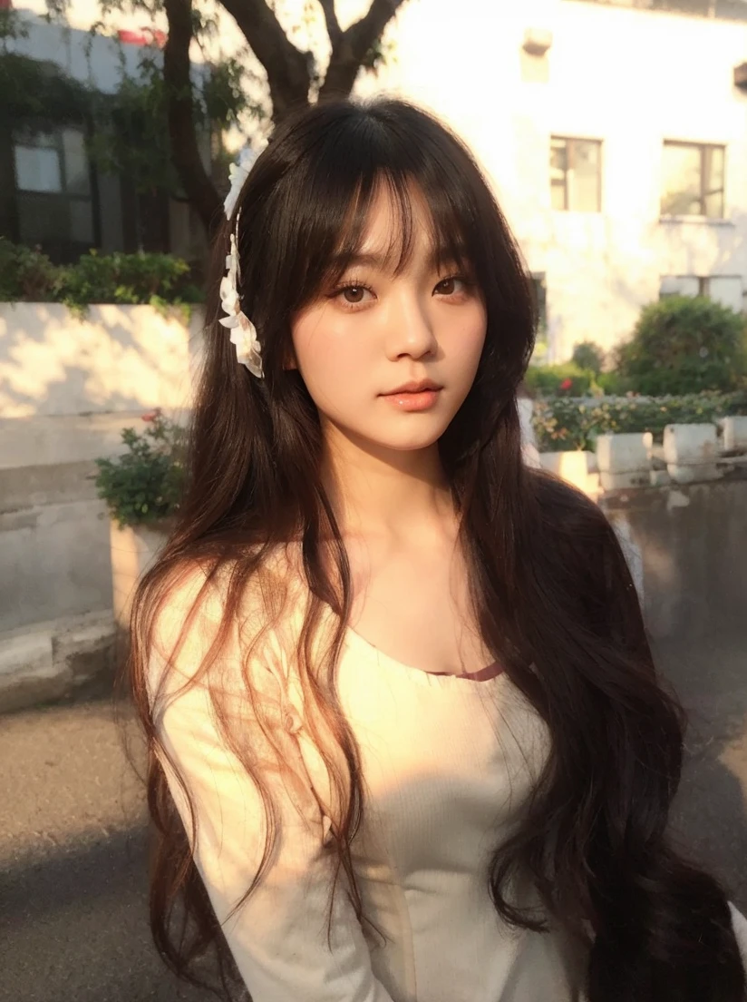 a beautiful Chinese douyin, a feminine, soft girl, with white skin, black long wavy hair, and bangs, and a v-shaped small and slim face, wearing a pink long-sleeved dress, with trees in the background