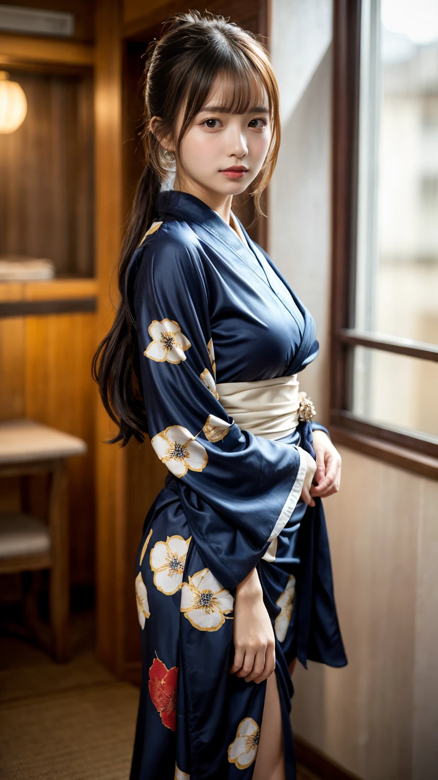 masterpiece, Best Quality, 8K, 20 yo, huge breasts, cuddly, Solo, sad, Cute, Girly, Delicate girl, Neat and clean beauty, Raw photo, Professional Photography, Portrait, full body, front view, perfect body shape, Sophisticated, Film grain, (Eyes and faces with detailed:1.0), ponytail, short length floating hair, beautiful flowing hair, bangs, Kimono Wrap Shirt