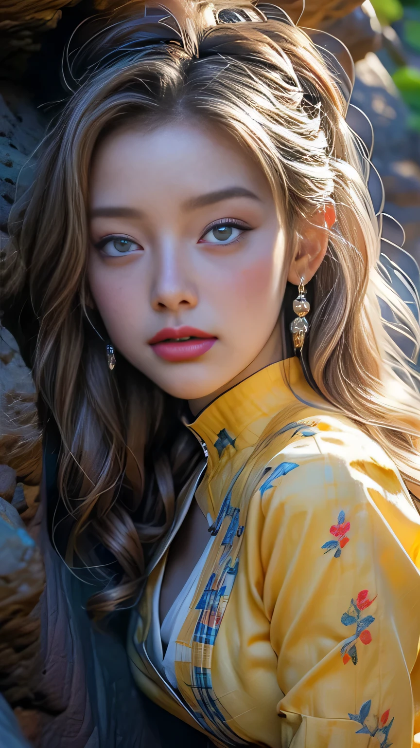 (Surreal), (picture), (High resolution), (In 8K), (Very detailed), (Best Illustration Photos), (Beautiful and fine details), (Highest quality), (Ultra-detailed), (masterpiece), (wallpaper), (Detailed face), solo, One Girl, Blonde Wavy Hair, Korean Beauty,Black Eyes, ((A loose-fitting blue and yellow checked maid outfit)), Long legs, Toned Abs, stockings、((In a dark cave))、(Pause＿random)､(((Face close-up))), Face close-up
