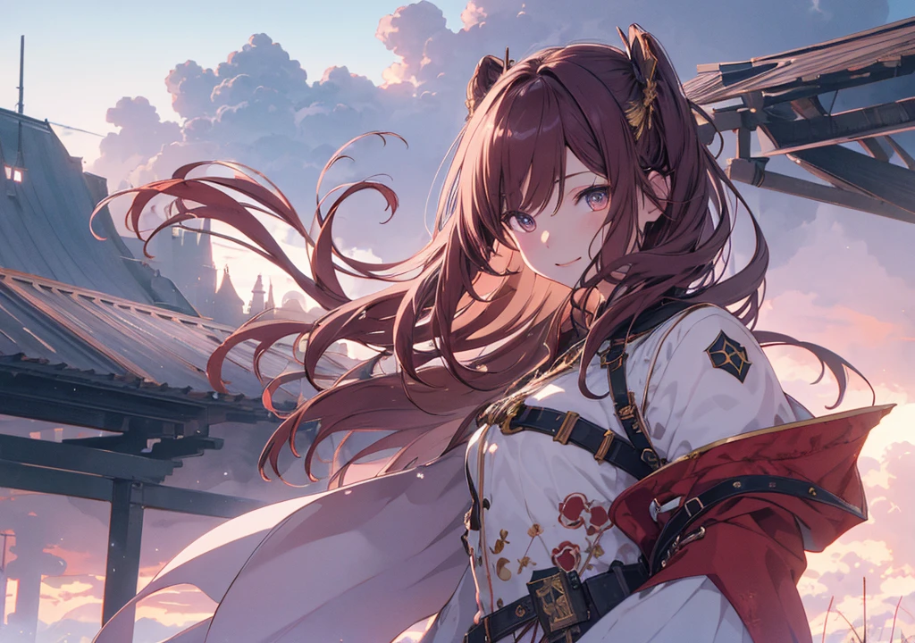 Realistic photos, Focus distance 10mm, Red and white, A big smile, Beautiful girl, Realistic photos, Focus distance 10mmで撮影, masterpiece, 最high quality, high quality, Very detailed CG 8k wallpaper unit, Award-winning photography, Depth of written boundary, High resolution, bloom, chromatic aberration, Realistic, Very detailed, Art Station Trends, CGsociety Trends, Complex, High detail, dramatic, Art on the go, volumetric lighting, Final Fantasy style beautiful girl、Golden Eyes、Purple long hair、Sky Warrior Outfit、Battlefield above the clouds in the background