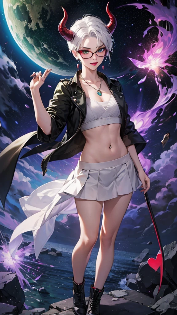 8k, masterpiece, best quality, highly detailed, 1 girl, tiefling, warlock, multicolored hair, very short straight hair green highlight hair on white hair, strippled hair, wearing glasses, round glasses, earrings, navel piercing, miniskirt, red eyeshadow, long eyelashes, blushed cheek, red lips, necklace, rings, collarbone, mole, glamorous, olive green clothing, smirk, fullbody view, rings, looking at viewer, demon horns, solo, nightmarish landscape, blue pale moon, standing, cosmic horror, decaying.