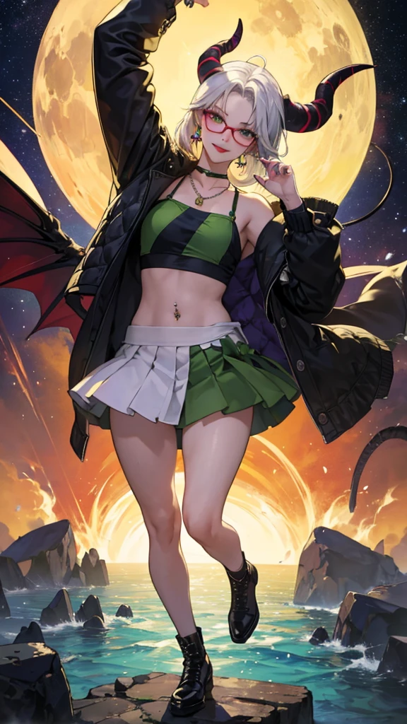8k, masterpiece, best quality, highly detailed, 1 girl, tiefling, warlock, multicolored hair, very short straight hair green highlight hair on white hair, strippled hair, wearing glasses, round glasses, earrings, navel piercing, miniskirt, red eyeshadow, long eyelashes, blushed cheek, red lips, necklace, rings, collarbone, mole, glamorous, olive green clothing, smirk, fullbody view, rings, looking at viewer, demon horns, solo, nightmarish landscape, blue pale moon, standing, cosmic horror, decaying.
