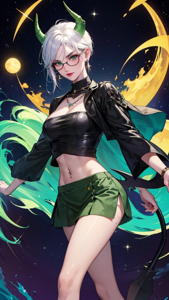 8k, masterpiece, best quality, highly detailed, 1 girl, tiefling, warlock, multicolored hair, very short straight hair green highlight hair on white hair, strippled hair, wearing glasses, round glasses, earrings, navel piercing, miniskirt, red eyeshadow, long eyelashes, blushed cheek, red lips, necklace, rings, collarbone, mole, glamorous, olive green clothing, smirk, fullbody view, rings, looking at viewer, demon horns, solo, nightmarish landscape, blue pale moon, standing, cosmic horror, decaying.