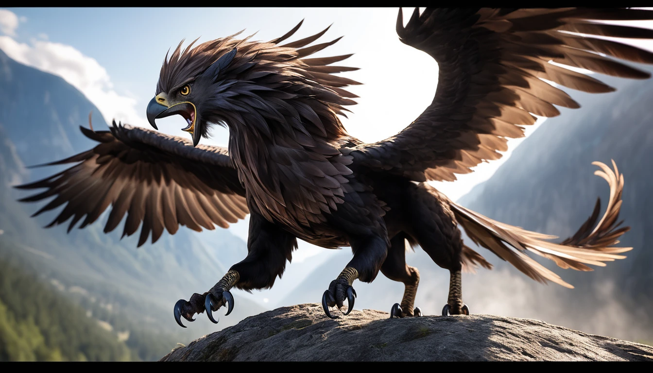 Realistic photos, RAW Photos, Griffon, attacks viewer, Powerful movements, jump on prey, ((Dynamic jump)), Sharp Claws, Griffon approaching from above, sudden approach, Bad-tempered, dynamic Shot from grand