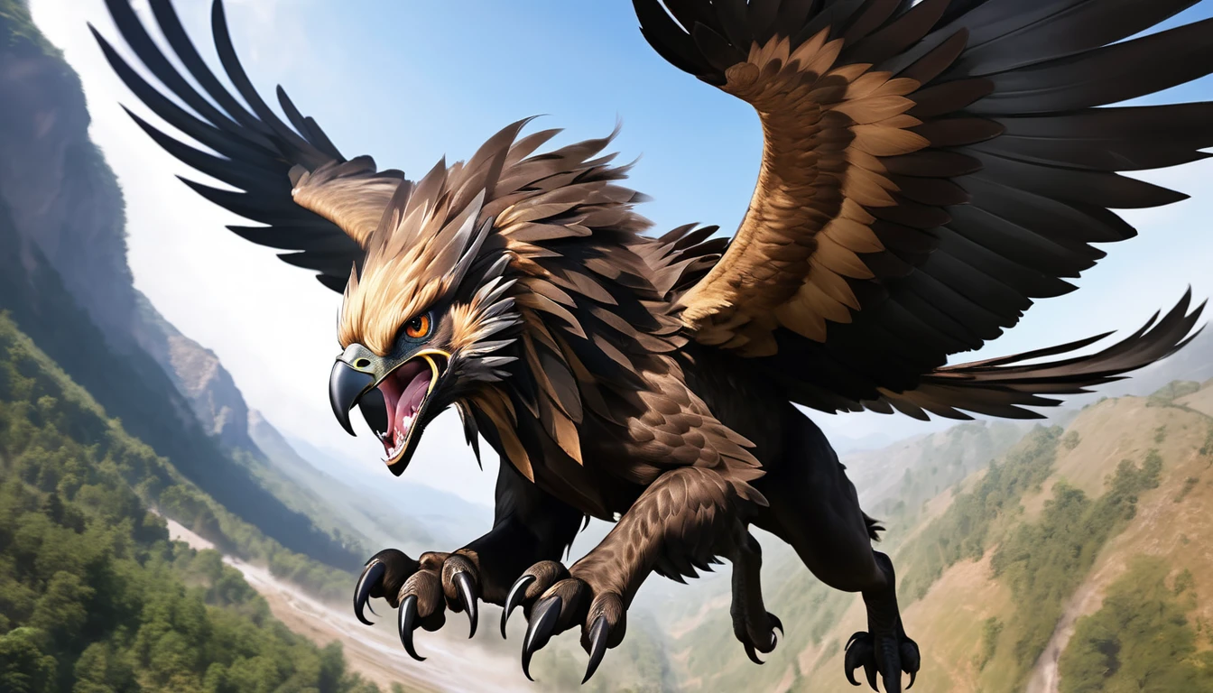 Realistic photos, RAW Photos, Griffon, attacks viewer, Powerful movements, jump on prey, ((Dynamic jump)), Sharp Claws, Griffon approaching from above, sudden approach, Bad-tempered, dynamic Shot from grand