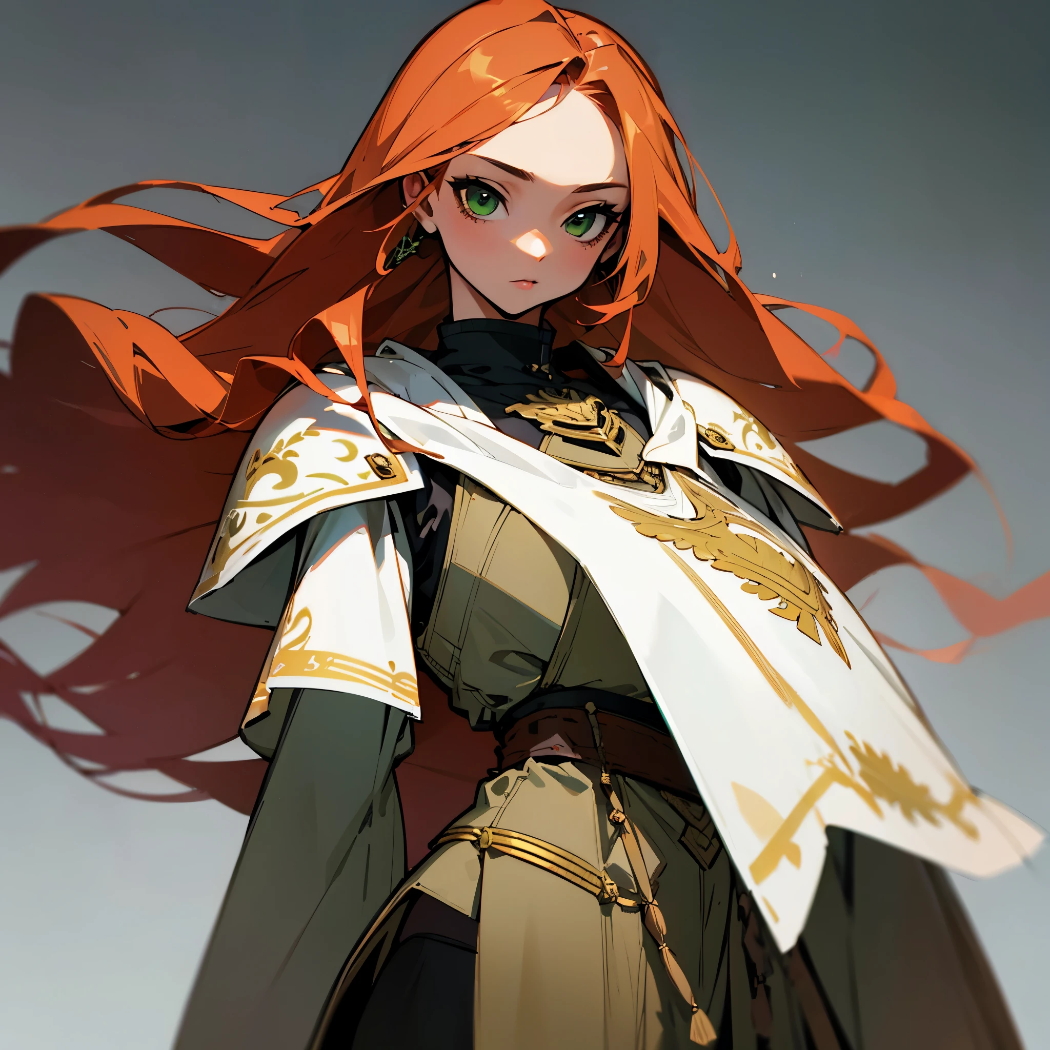 (top quality, masterpiece) 1 woman, adult, ((light-skinned woman, long ginger hair, hair hangs over ears)) green eyes, ((white armor, knight style, iron details)) (tavern background) (serious look)