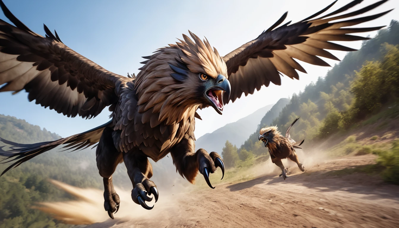 Realistic photos, RAW Photos, Griffon, attacks viewer, Powerful movements, jump on prey, ((Dynamic jump)), Sharp Claws, Griffon approaching from above, sudden approach, Bad-tempered, dynamic Shot from grand