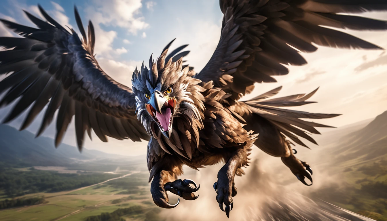 Realistic photos, RAW Photos, Griffon, attacks viewer, Powerful movements, jump on prey, ((Dynamic jump)), Sharp Claws, Griffon approaching from above, sudden approach, Bad-tempered, dynamic Shot from grand
