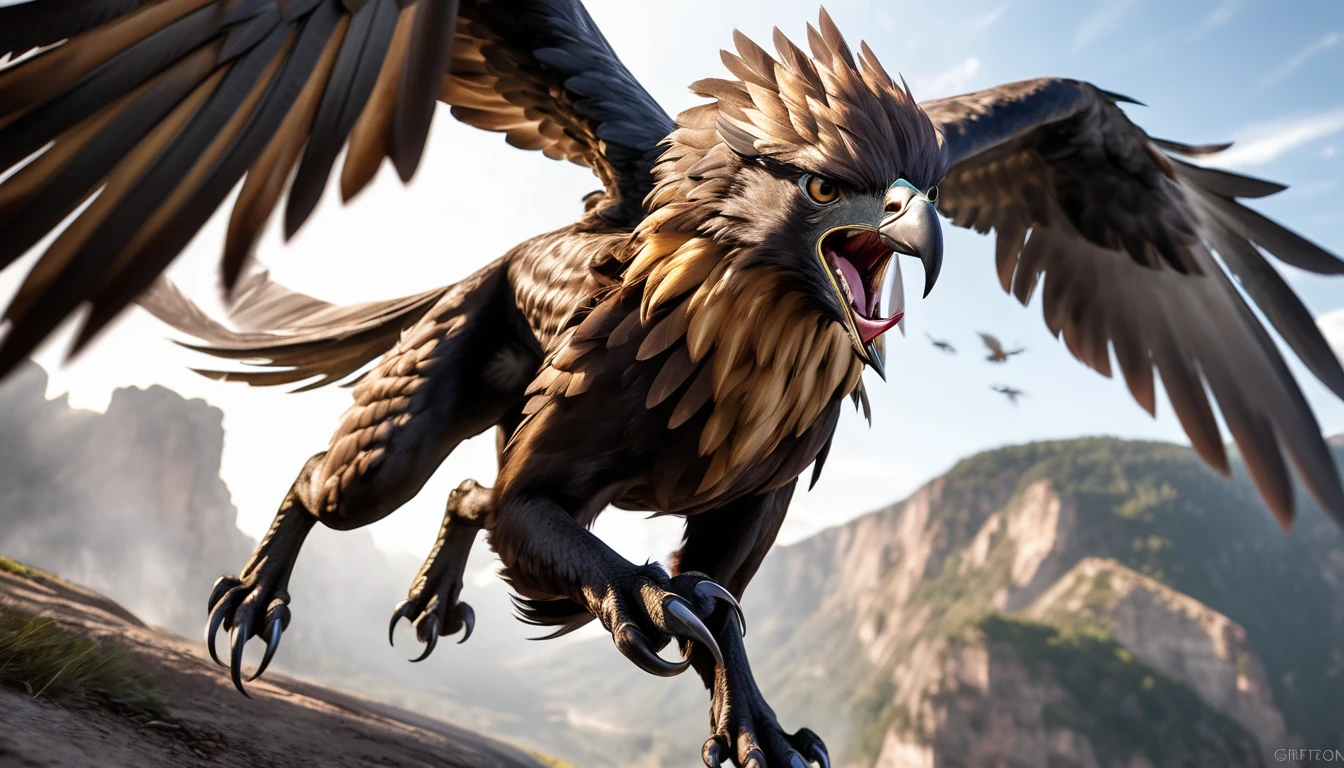 Realistic photos, RAW Photos, Griffon, attacks viewer, Powerful movements, jump on prey, ((Dynamic jump)), Sharp Claws, Griffon approaching from above, sudden approach, Bad-tempered, dynamic Shot from grand